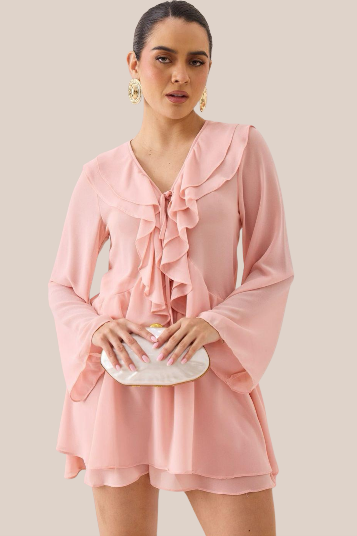 Conjunto Rosa de Blusa Con Volantes y Falda tela Tipo Gasa