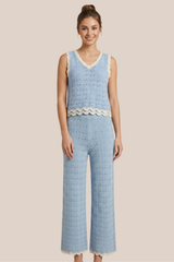 Conjunto Azul Tejido de Blusa Sin Manga  y Pantalon