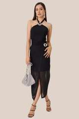 Conjunto Negro de Falda,Top Cuello Tipo Halter Con Broche Plateado, Tela Tipo Gasa