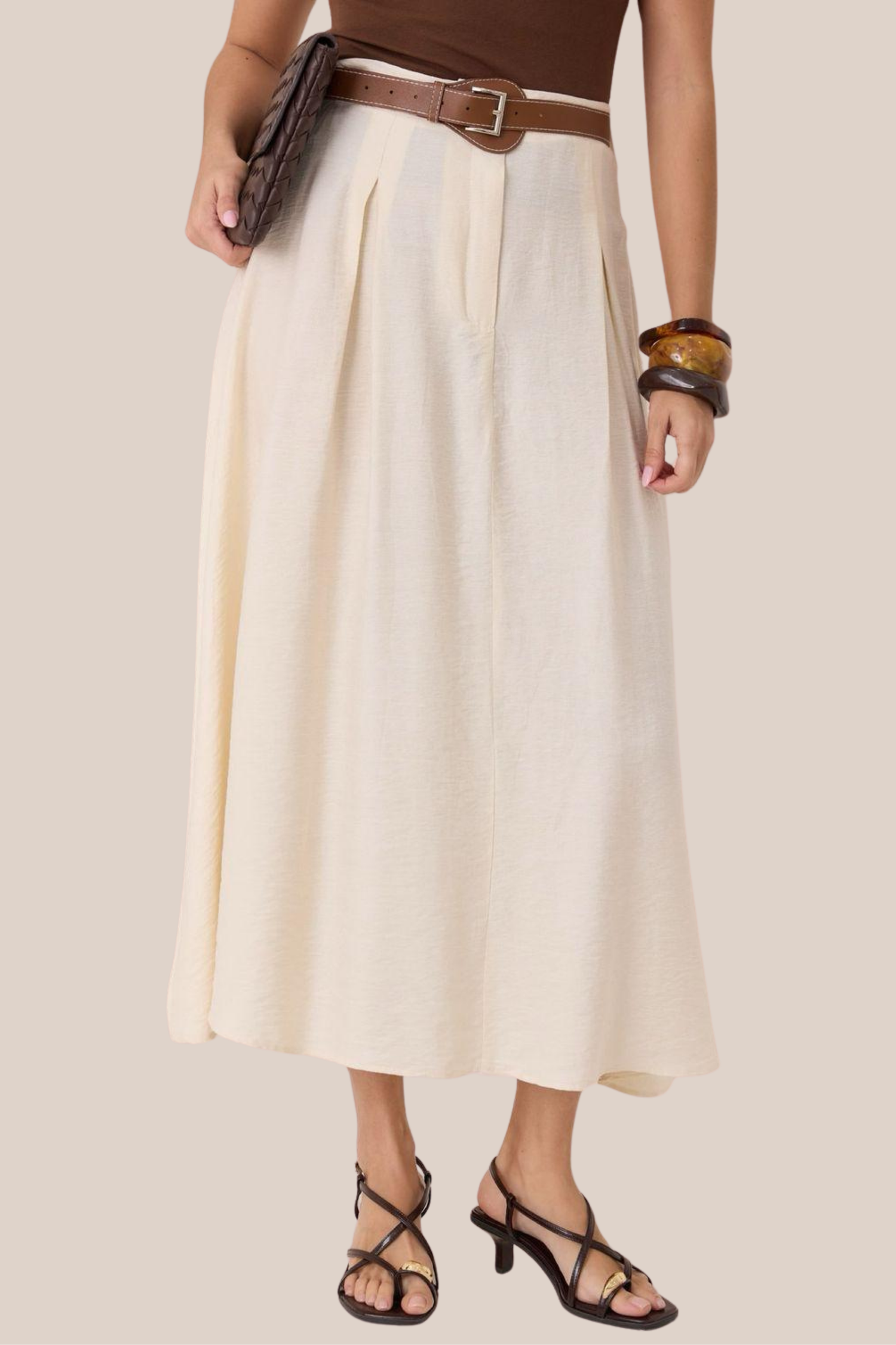 Falda Beige de Lino Con Cinto Café