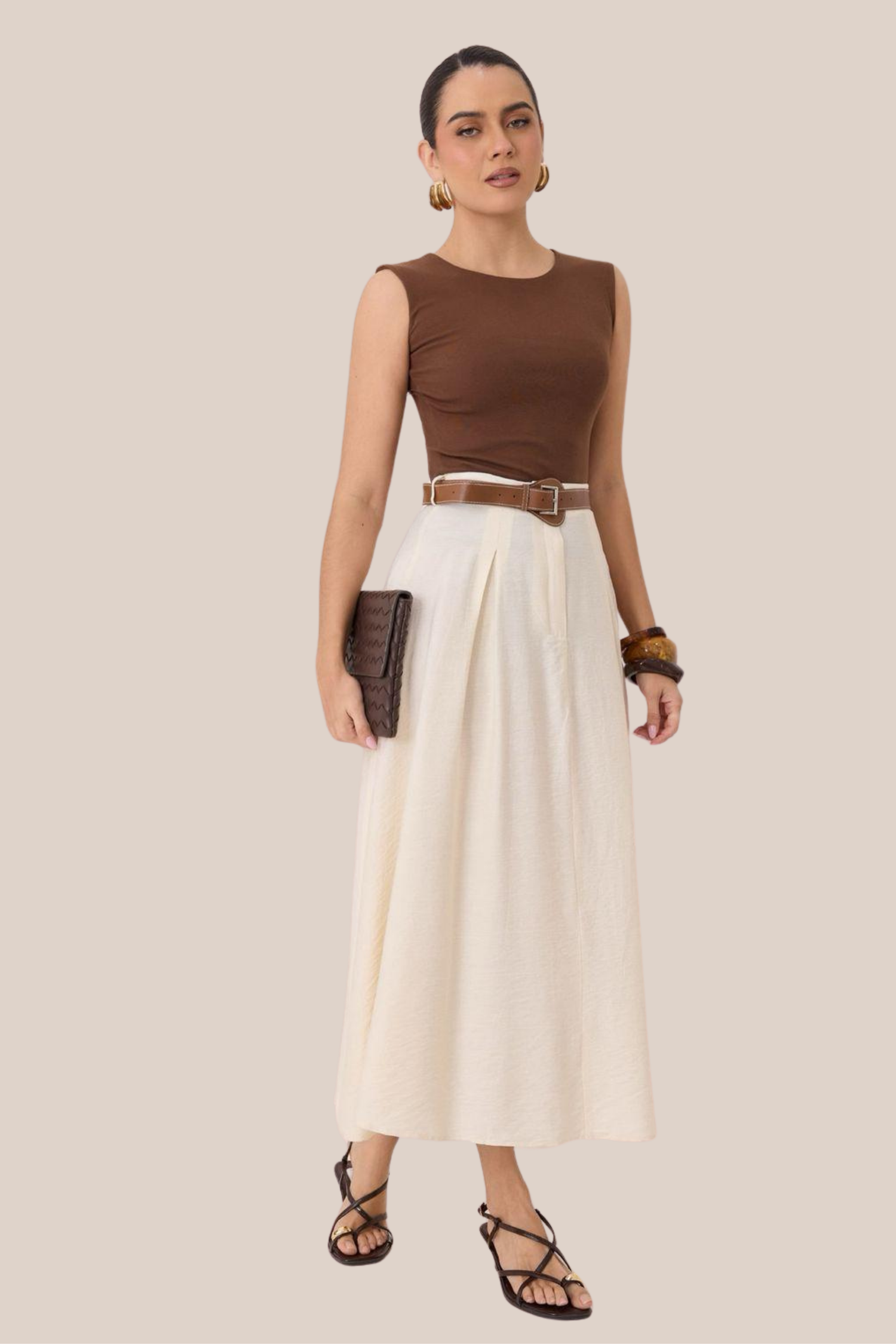 Falda Beige de Lino Con Cinto Café