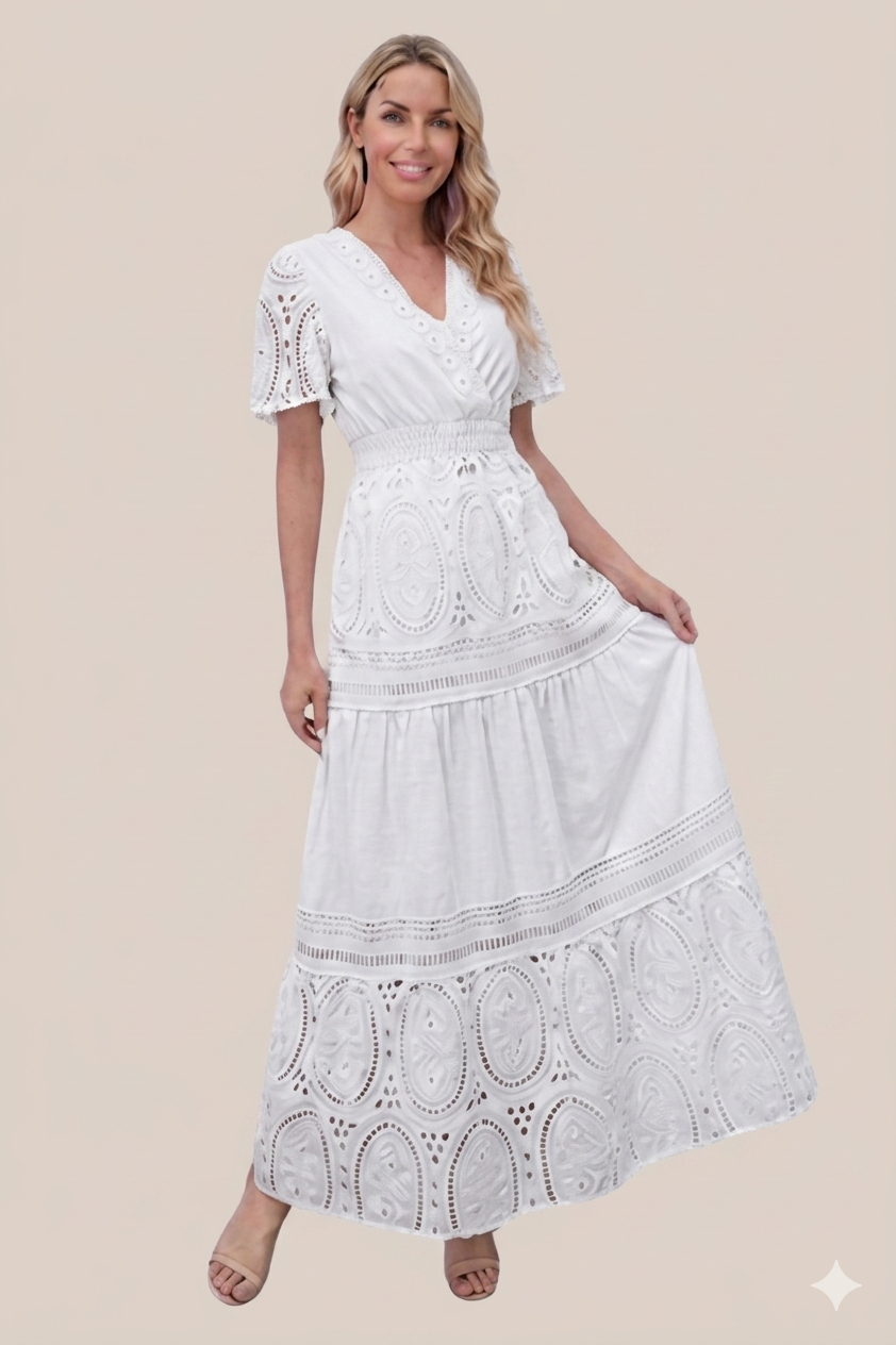 Vestido Blanco Largo Encaje Floral