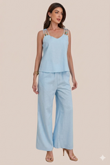 Conjunto Azul de Pantalon y Blusa Con Tirantes y Cuentas de Colores