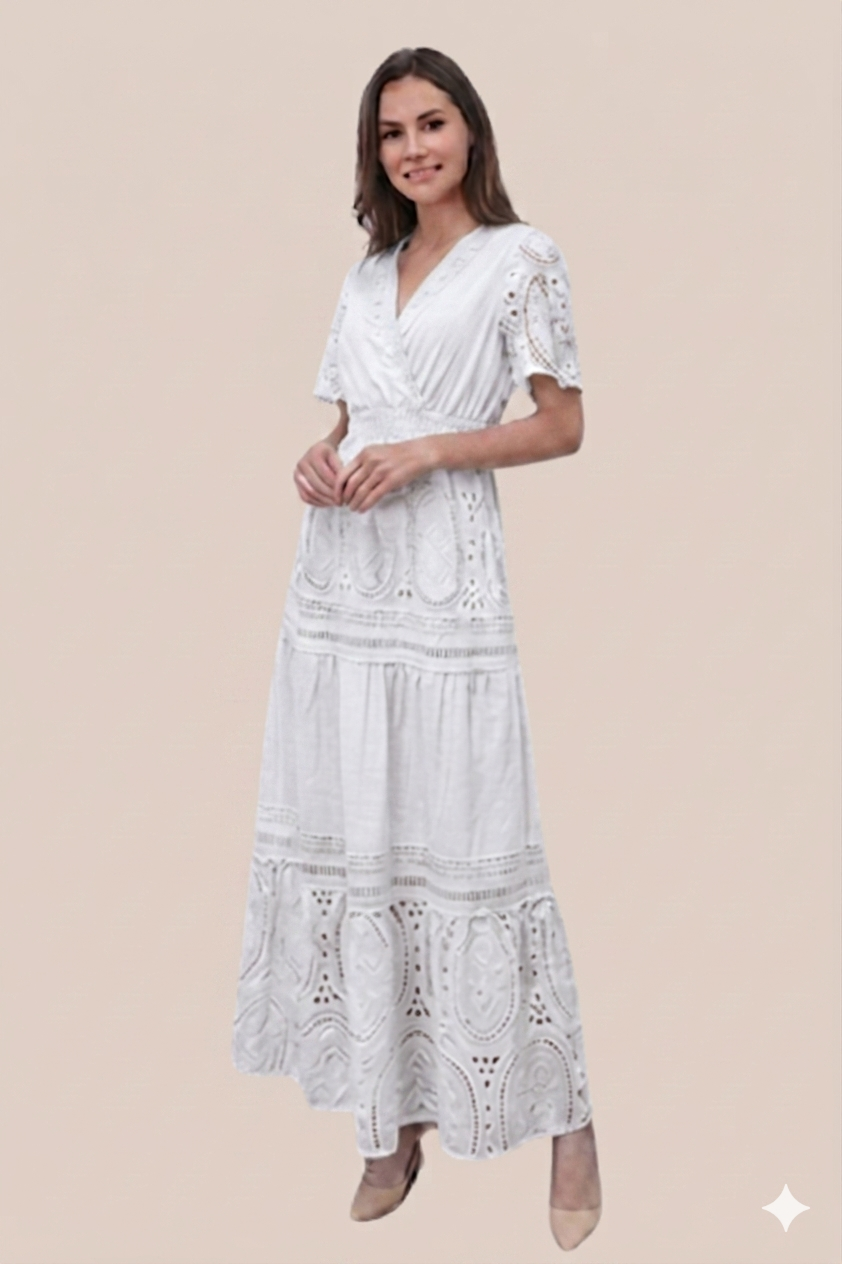 Vestido Blanco Largo Encaje Floral