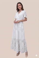 Vestido Blanco Largo Encaje Floral