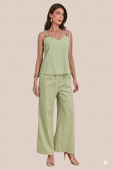 Conjunto Verde de Pantalon y Blusa Con Tirantes y Cuentas de Colores