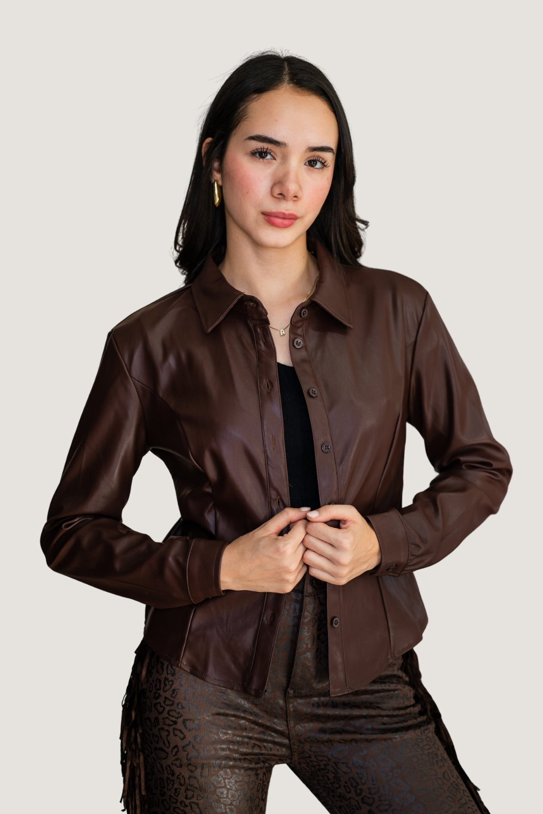 Camisa botones vinipiel Café