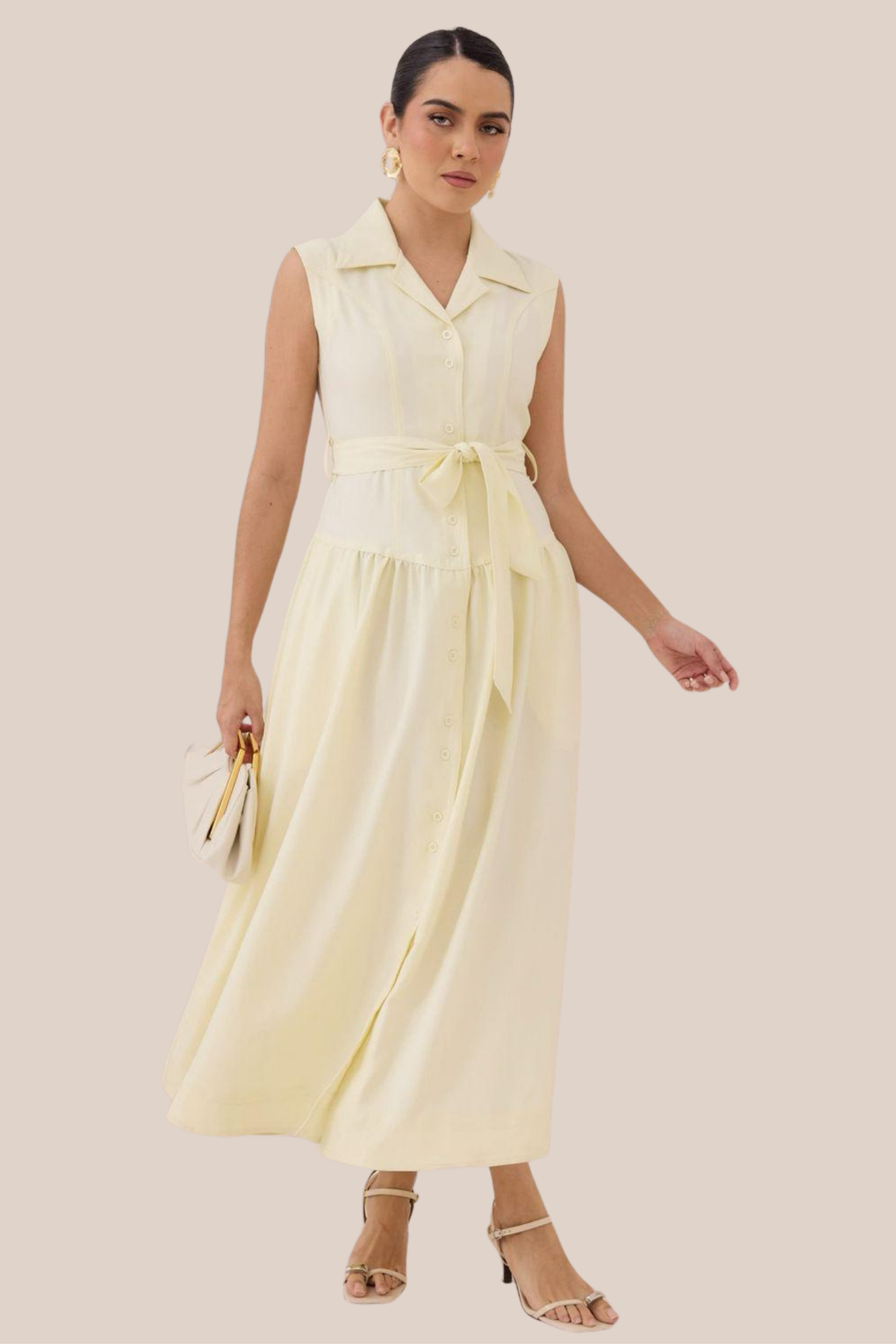 Vestido Amarillo Sin Mangas Con Cuello de Solapas Clásico