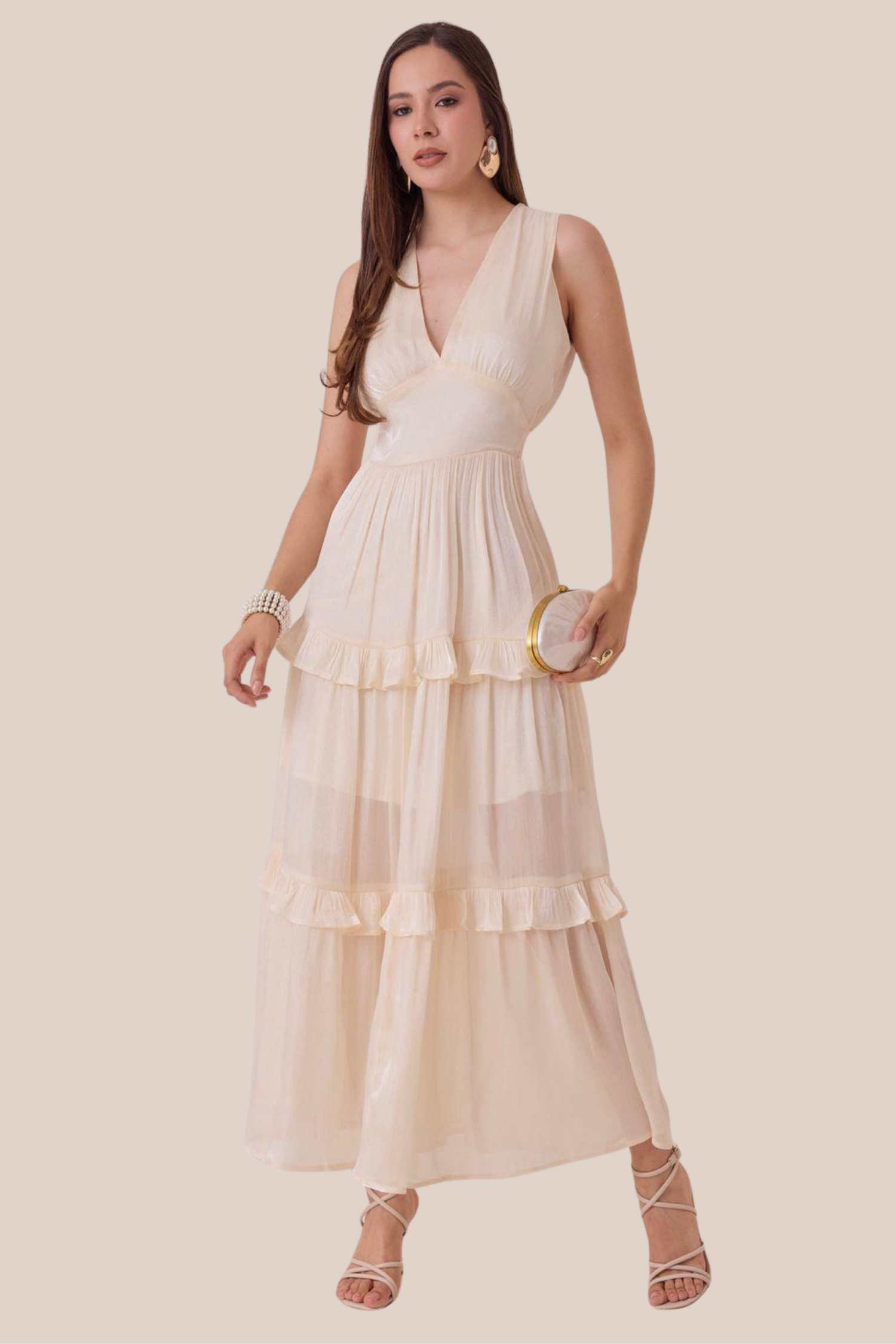 Vestido Beige Satin Plisado Cuello V