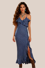 Vestido Azul Tirantes Con Cuentas