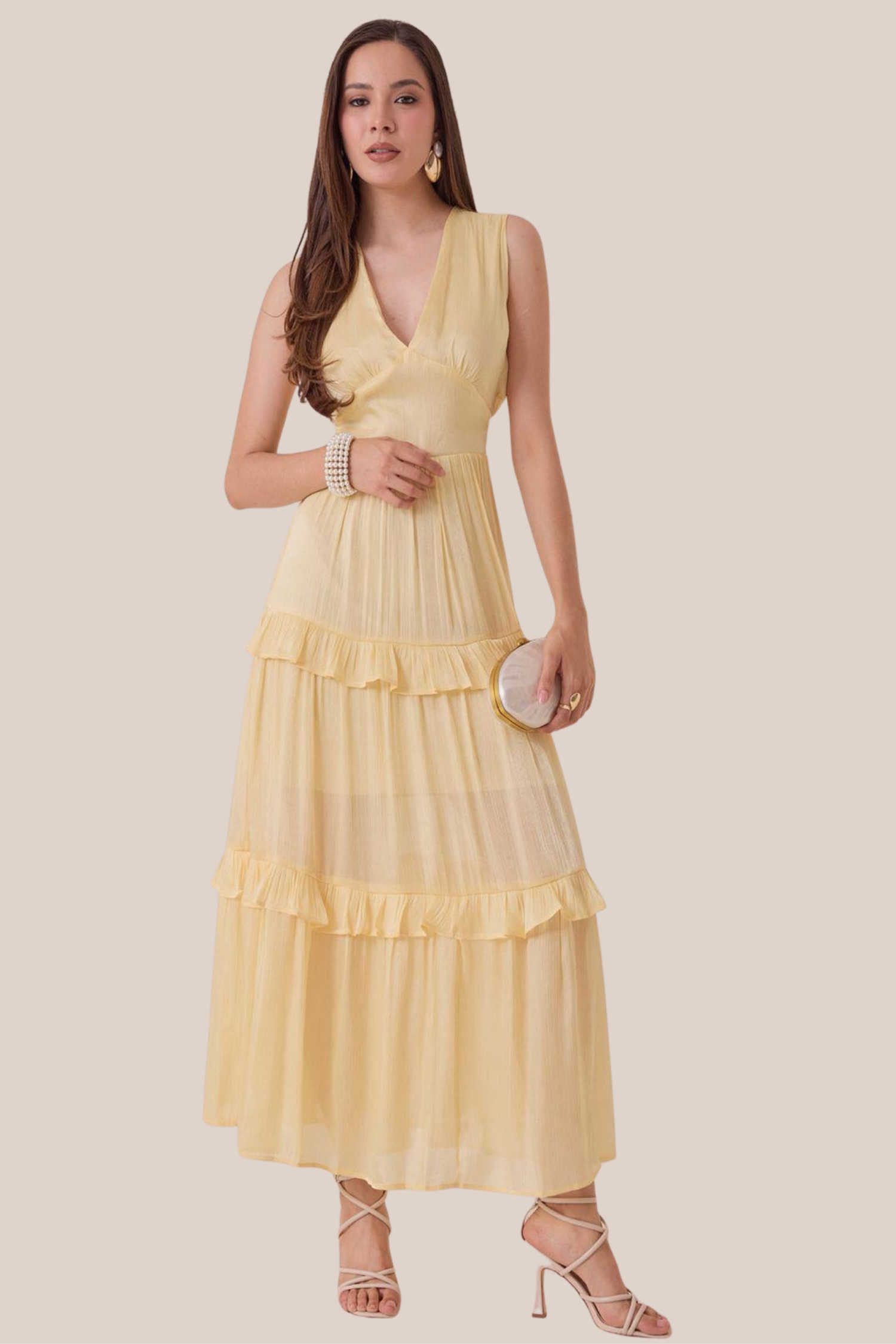 Vestido Amarillo Plisado de Satén