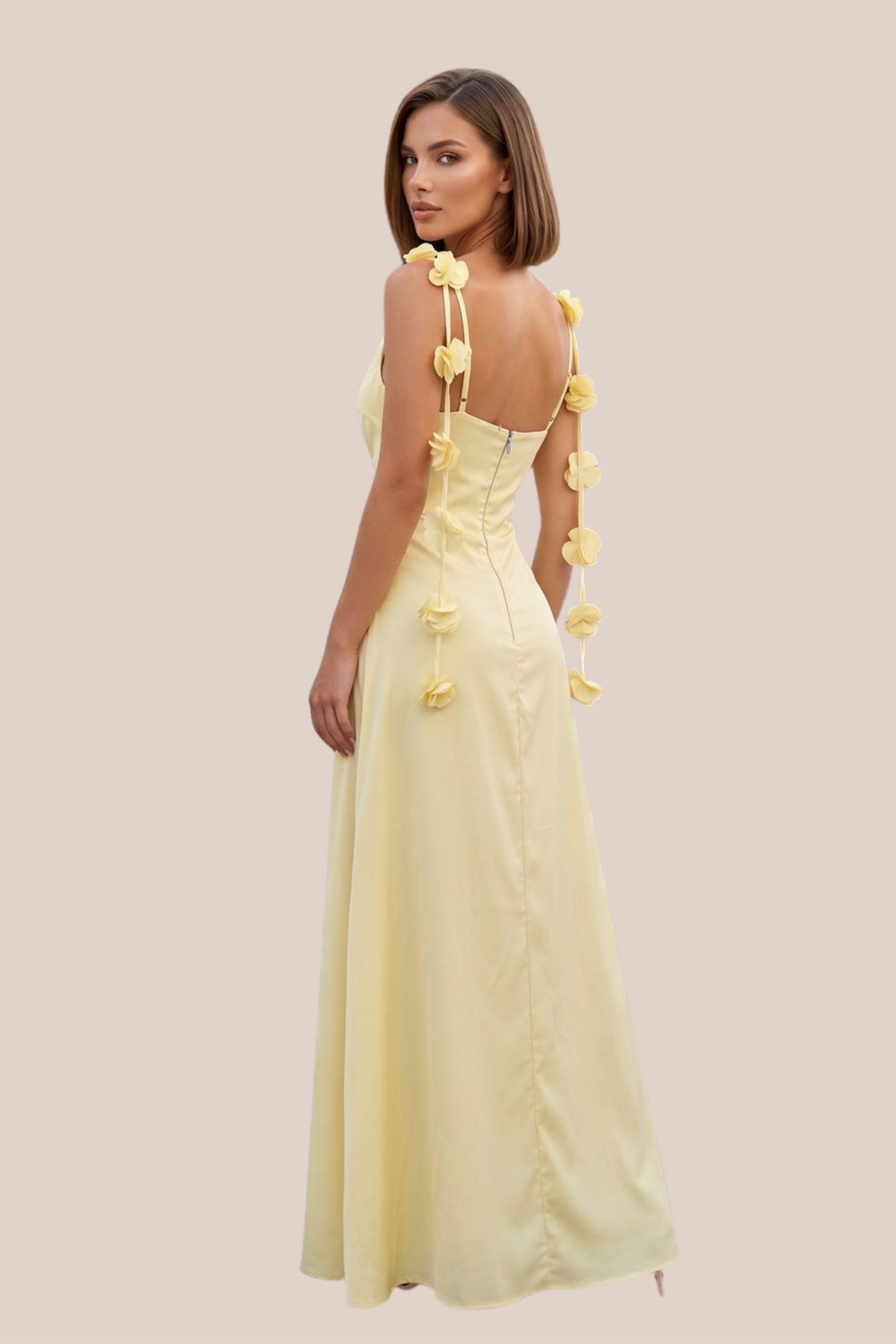 Vestido Amarillo Satin Con Flores