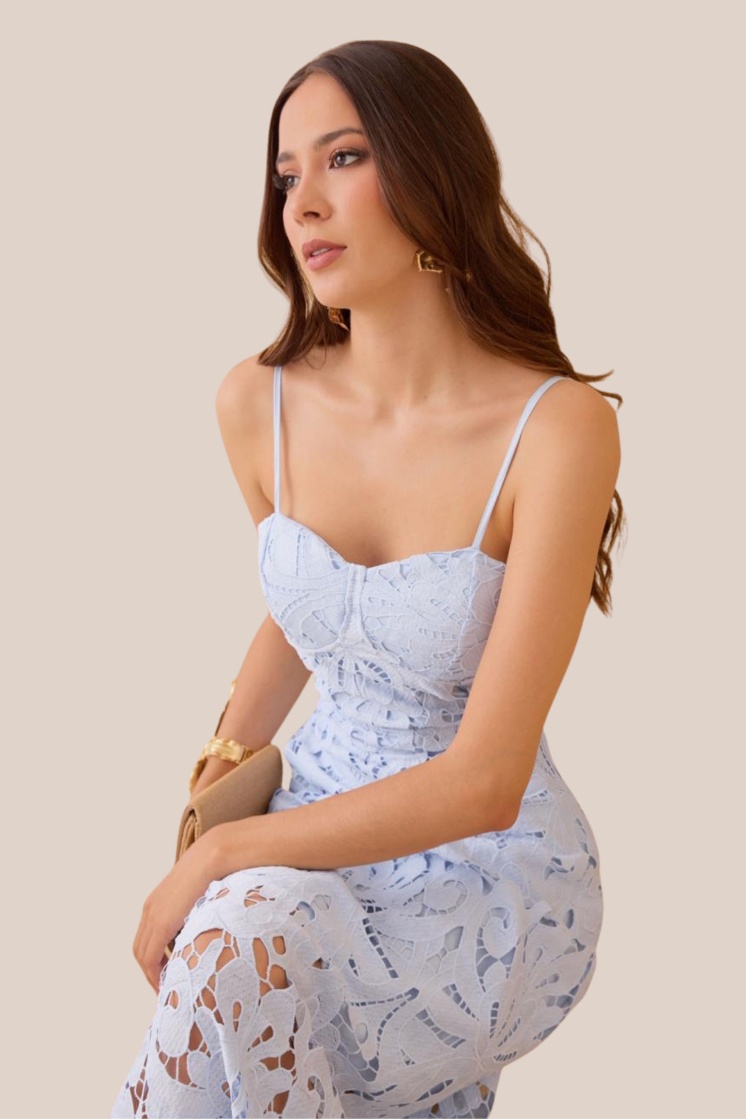 Vestido Azul Estilo Bustier de Encaje Floral