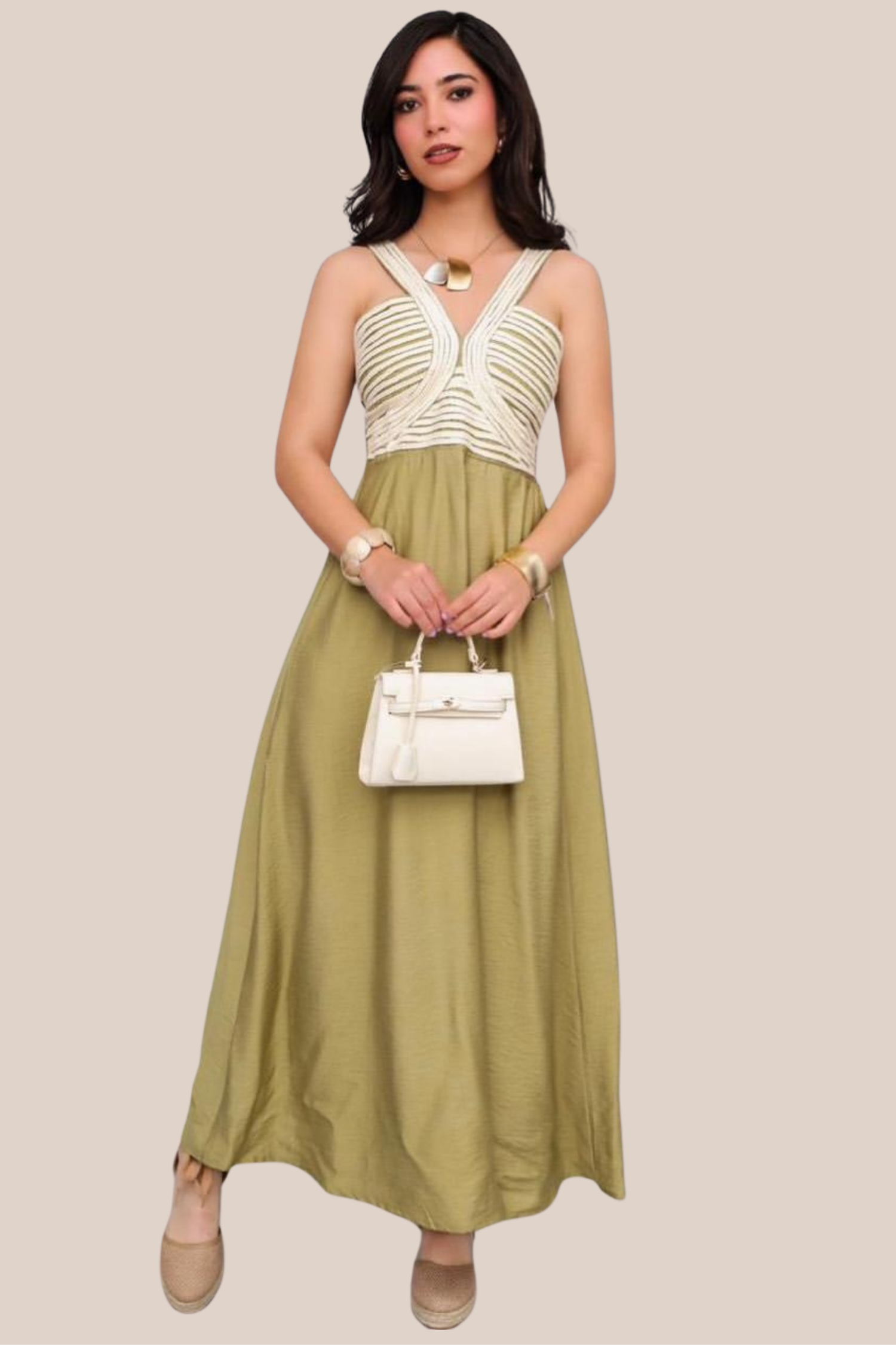 Vestido Verde Escote Tipo Corpiño con Detalles En Cuerdas Beige