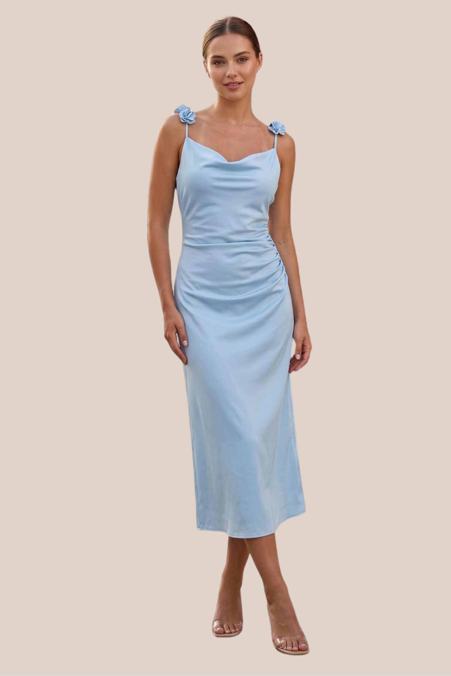 Vestido Azul Satin Con Flores