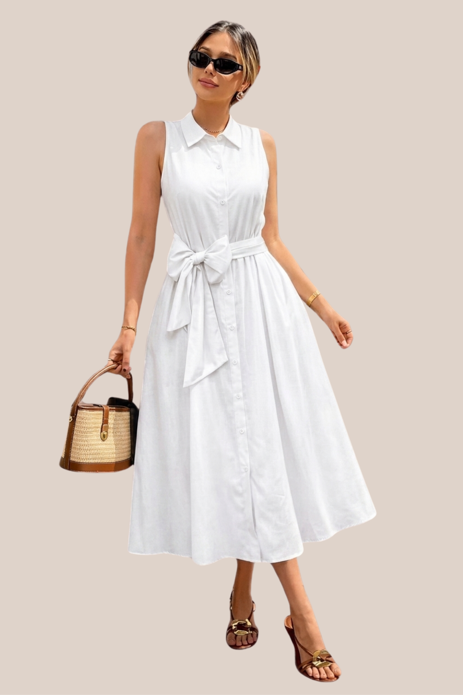 Vestido Blanco Sin Mangas Con Cuello de Solapas Clásico