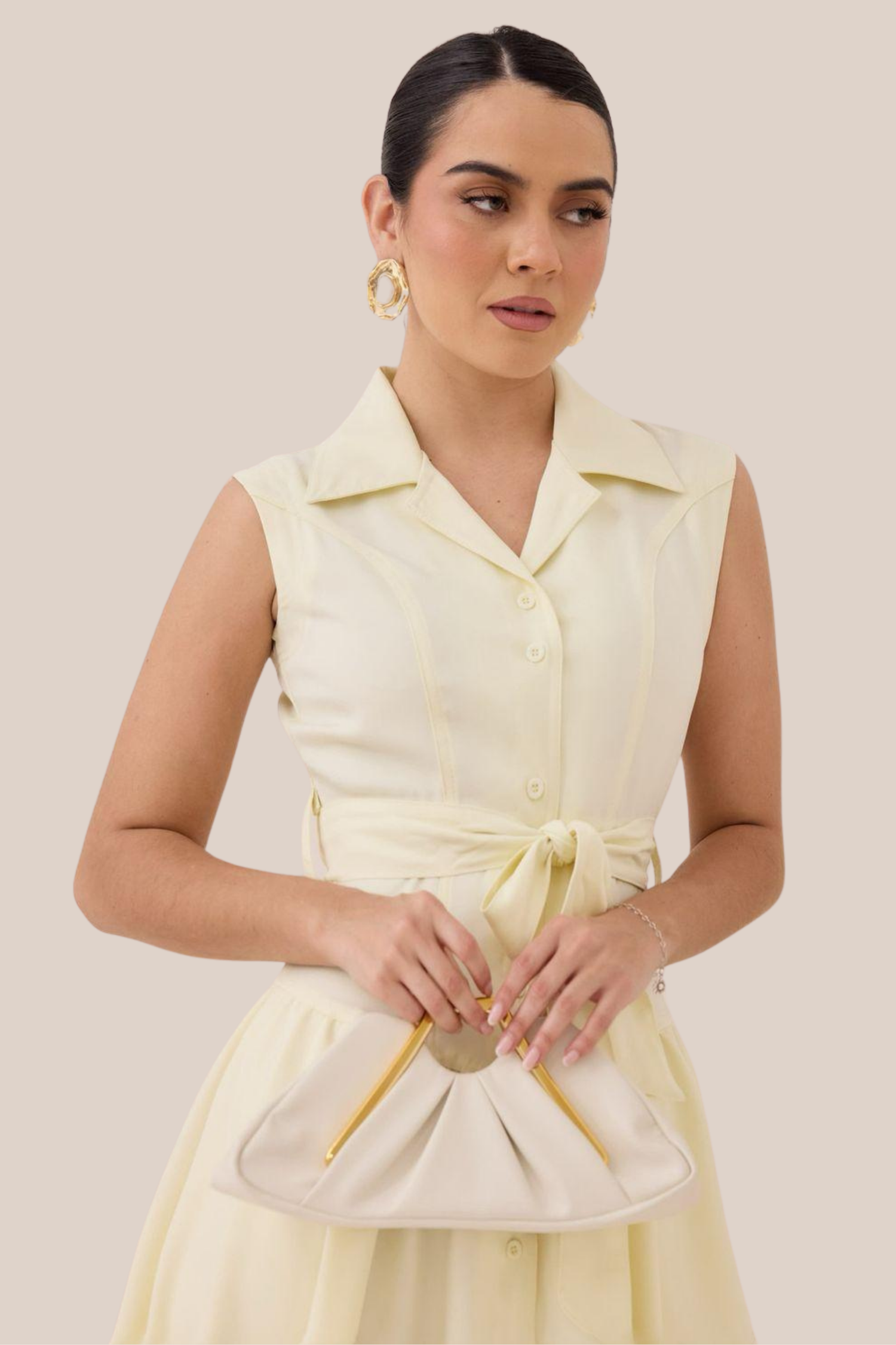 Vestido Amarillo Sin Mangas Con Cuello de Solapas Clásico