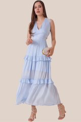 Vestido Azul Plisado de Satín