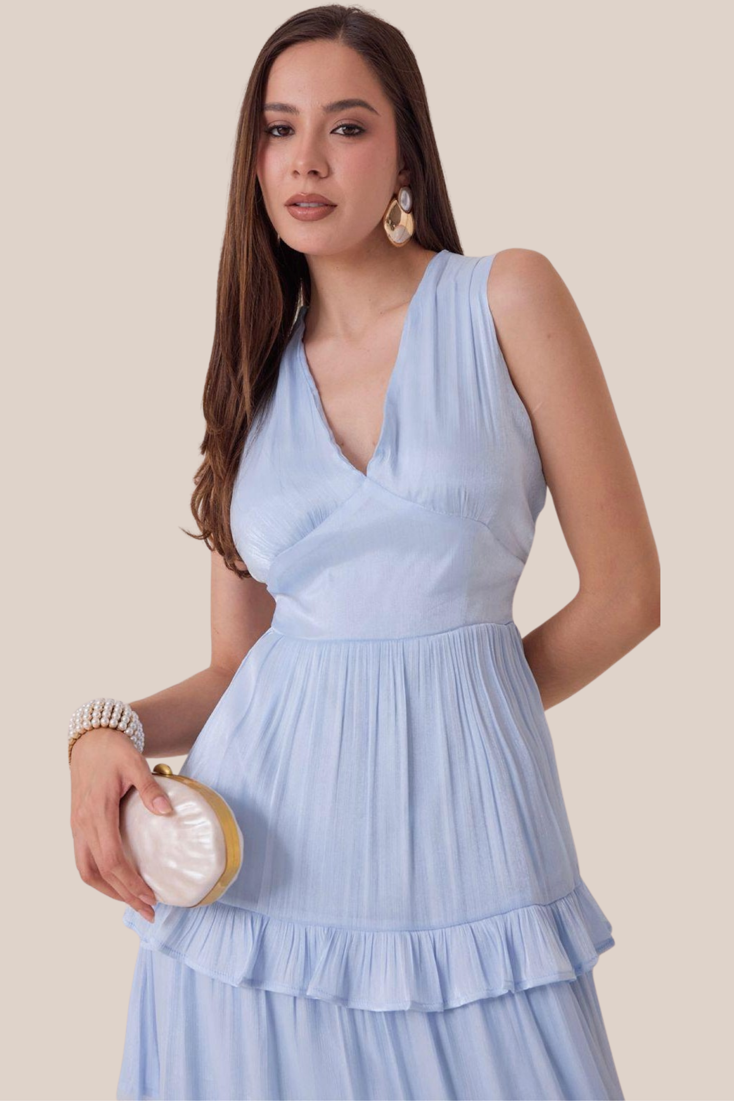 Vestido Azul Plisado de Satín