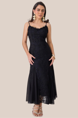 Vestido Negro Largo de Tirantes Encaje de Flores