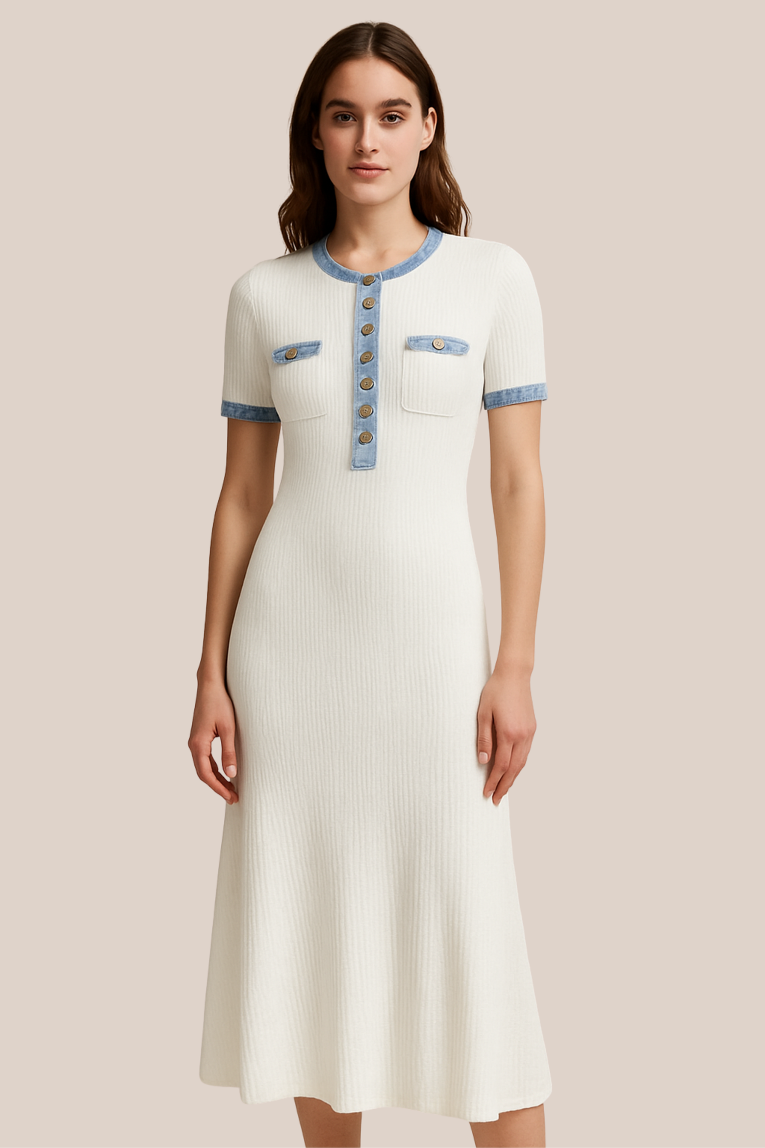 Vestido Blanco Con Detalles en Mezclilla
