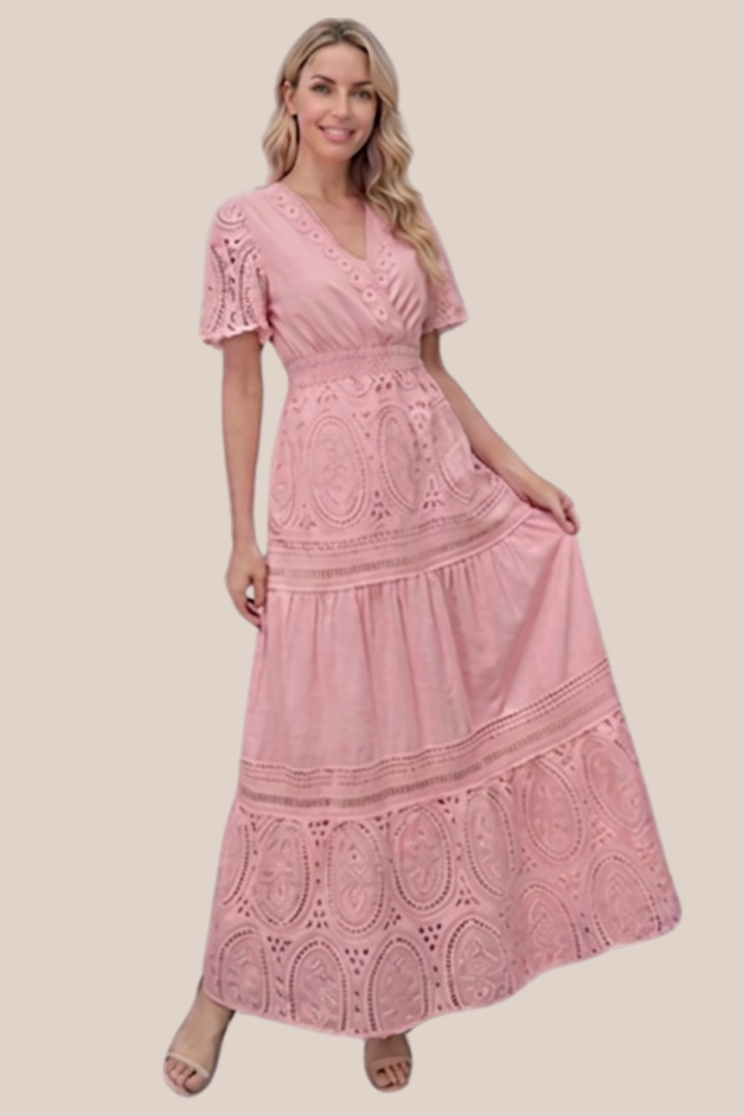 Vestido Rosa Largo Encaje Floral