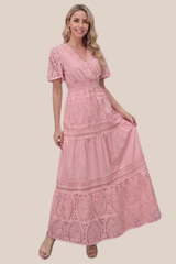 Vestido Rosa Largo Encaje Floral