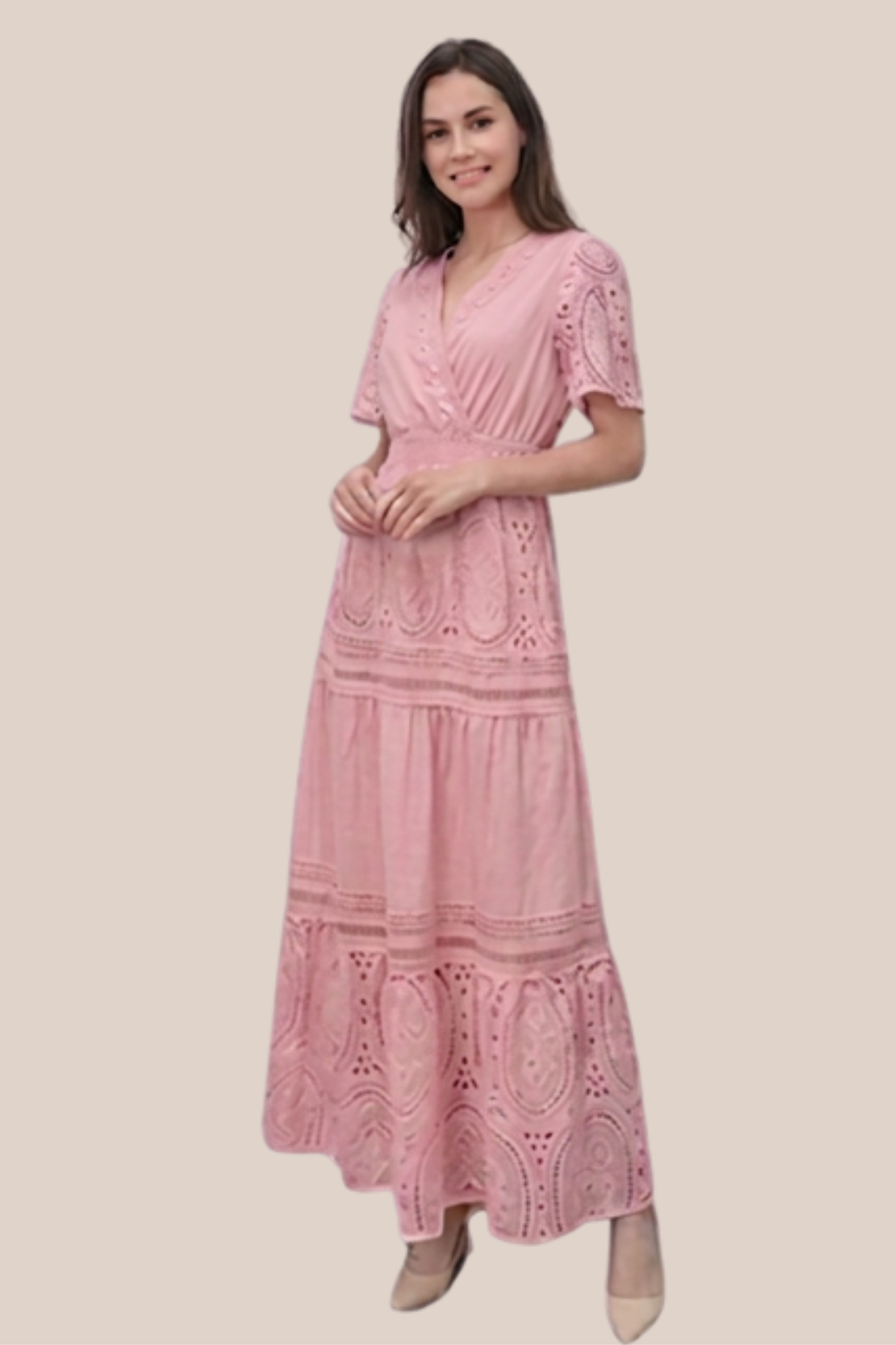 Vestido Rosa Largo Encaje Floral