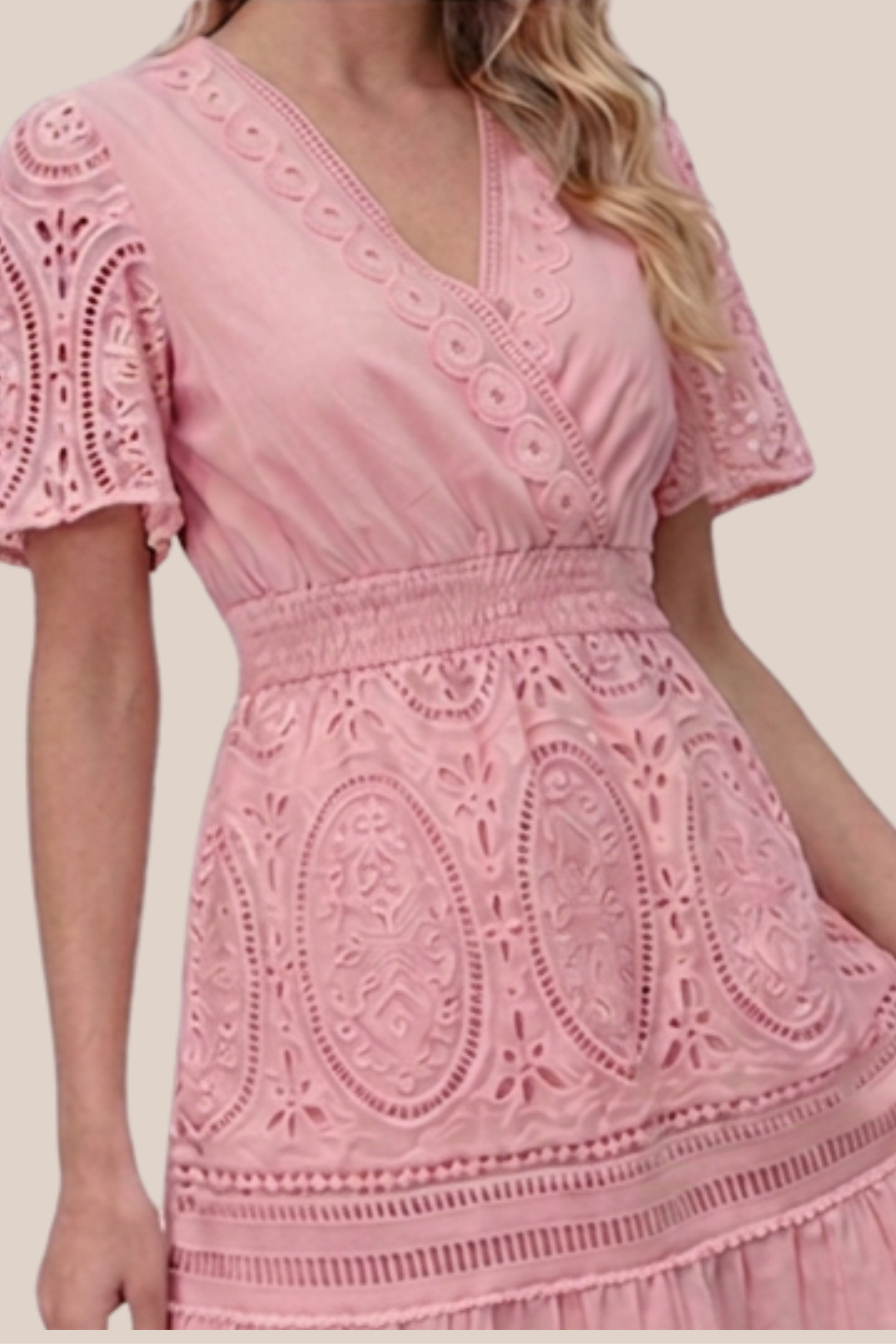 Vestido Rosa Largo Encaje Floral
