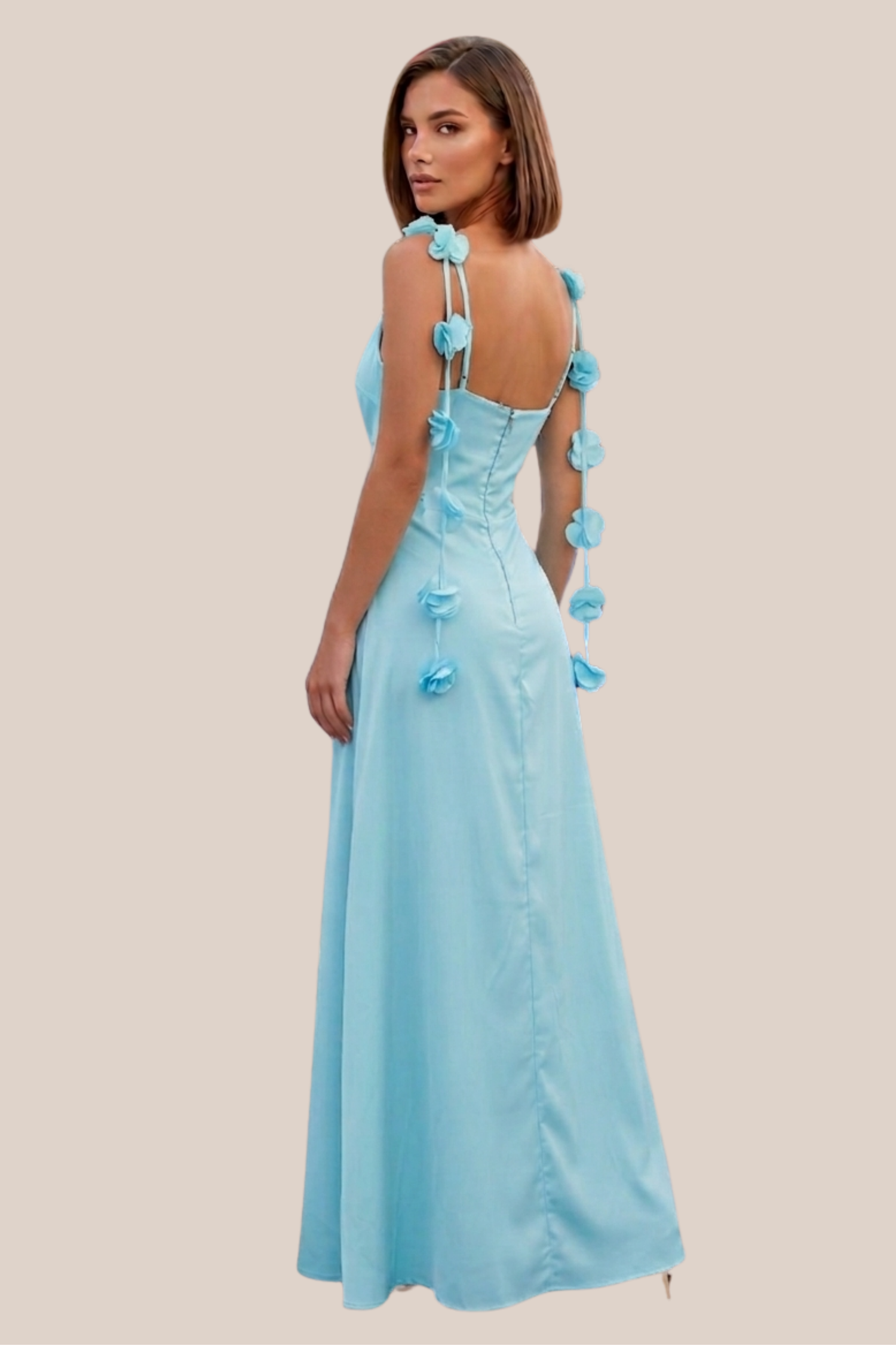 Vestido Azul Satin Con Flores