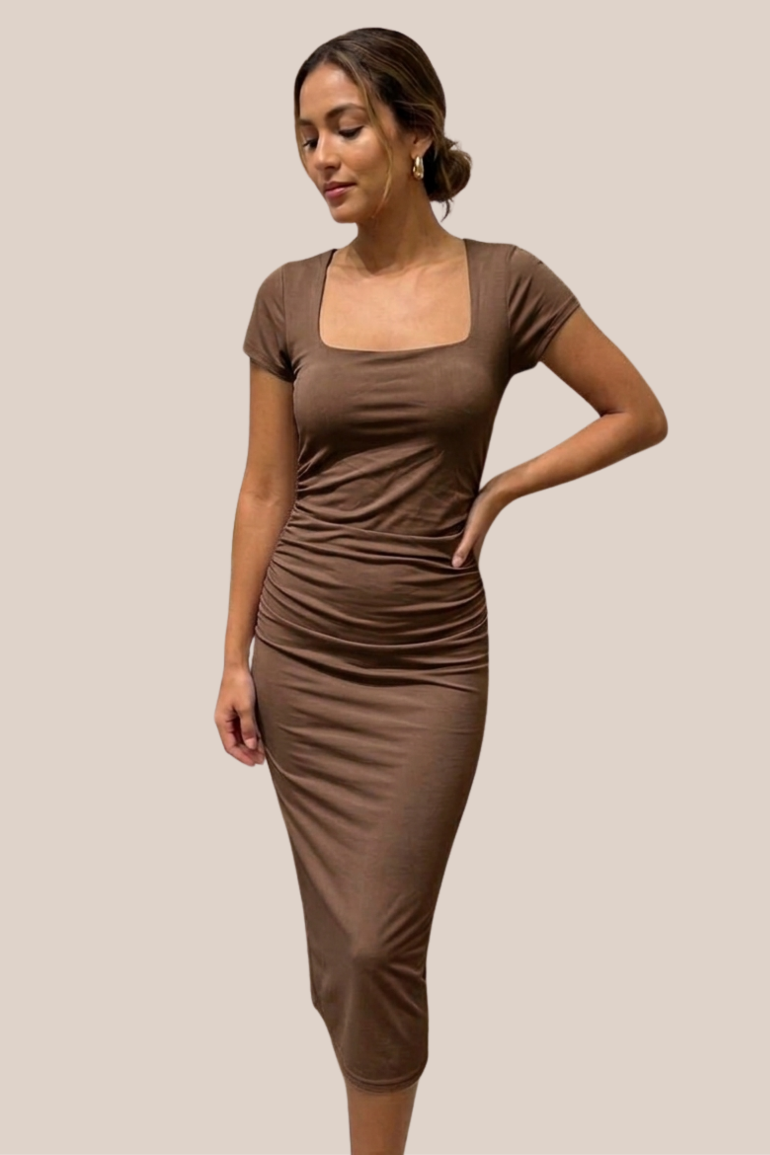 Vestido Café Oscuro Licra Cuello Cuadrado