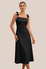 Vestido Negro Satín Con Flores