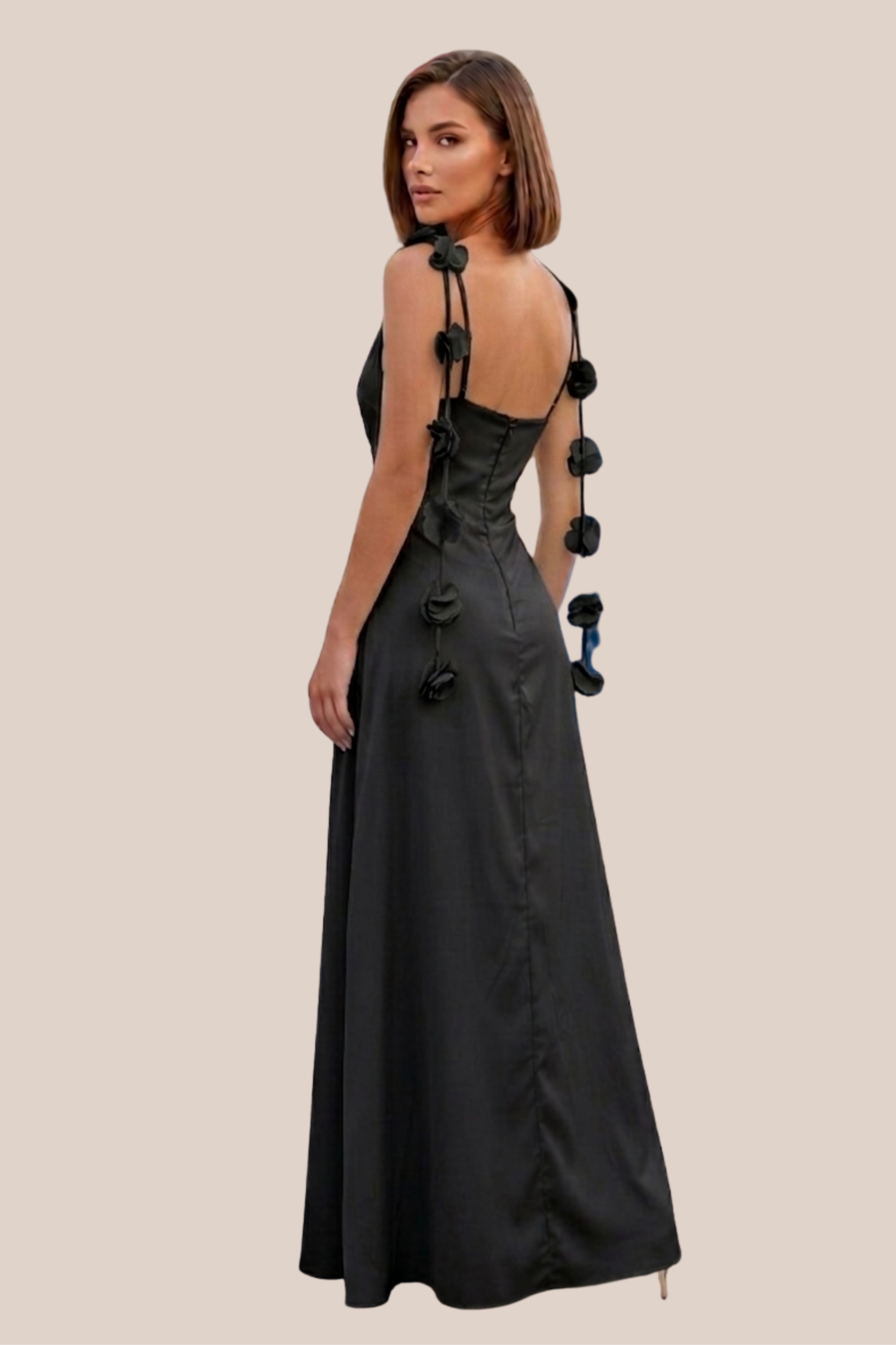Vestido Negro Satín Con Flores