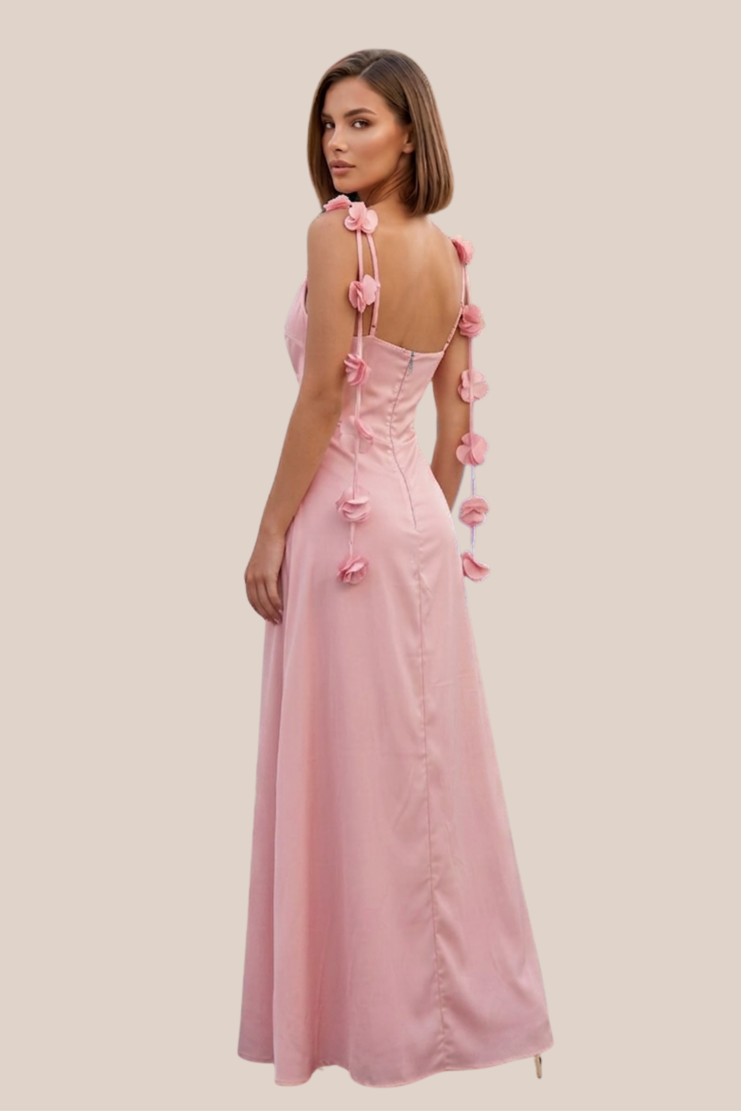 Vestido Rosa Satin Con Flores