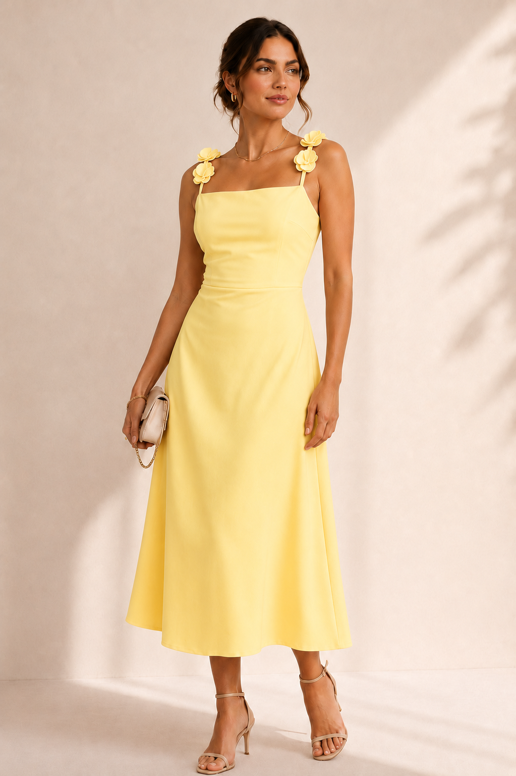 Vestido Amarillo Satin Con Flores