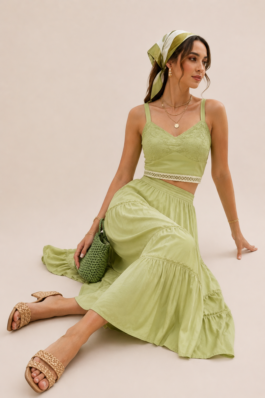 Conjunto Verde de Falda y Top con Detalles Bordados
