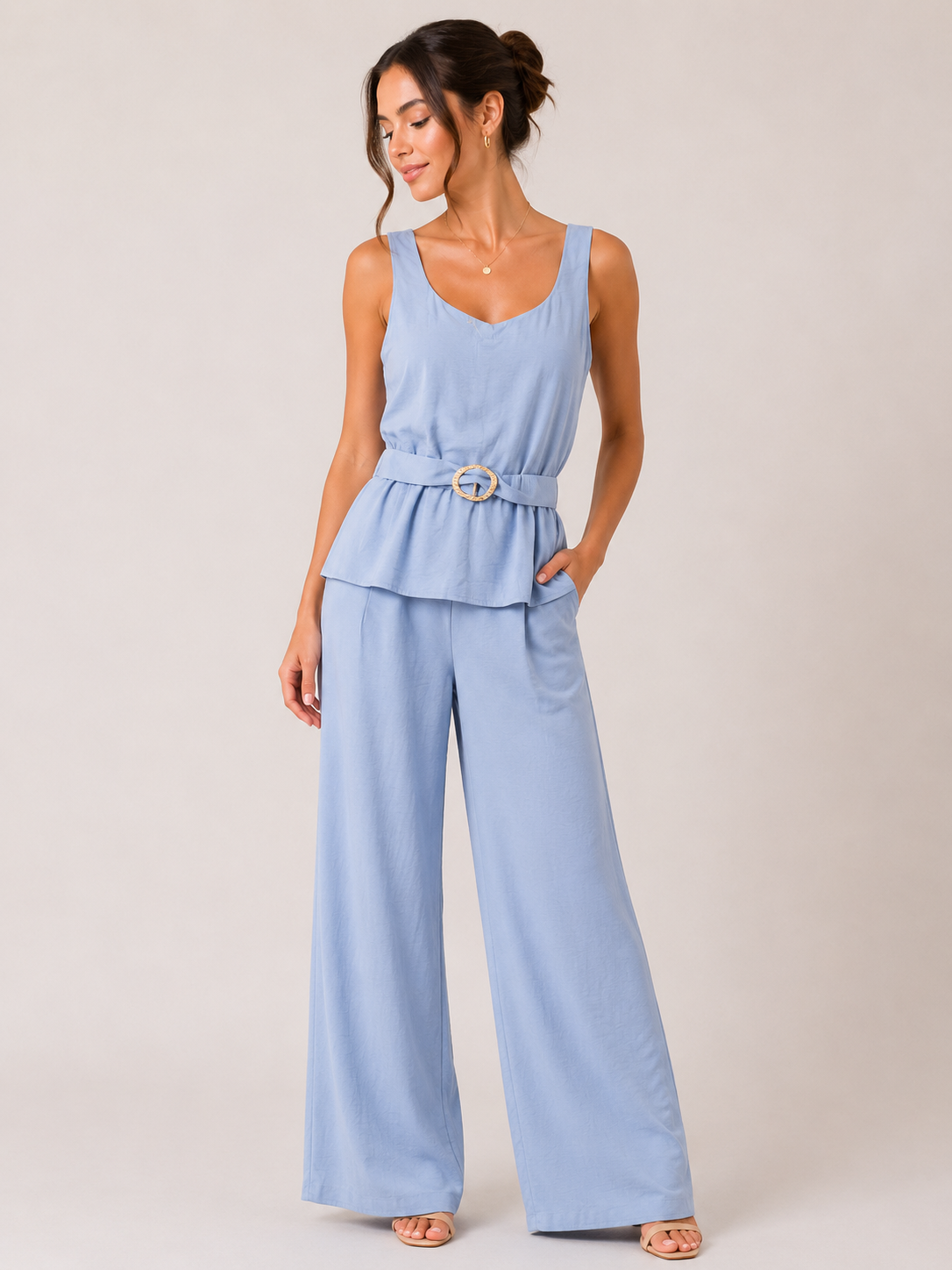 CONJUNTO AZUL CIELO BLUSA CON CINTO