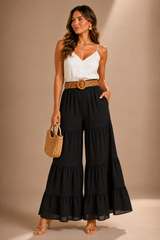 Pantalón Negro Largo Con Cinturon De Yute