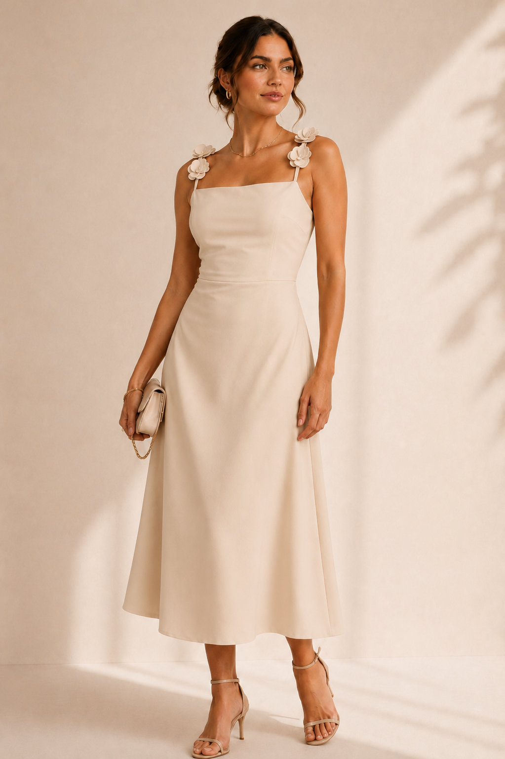 Vestido Beige Satín Con Flores