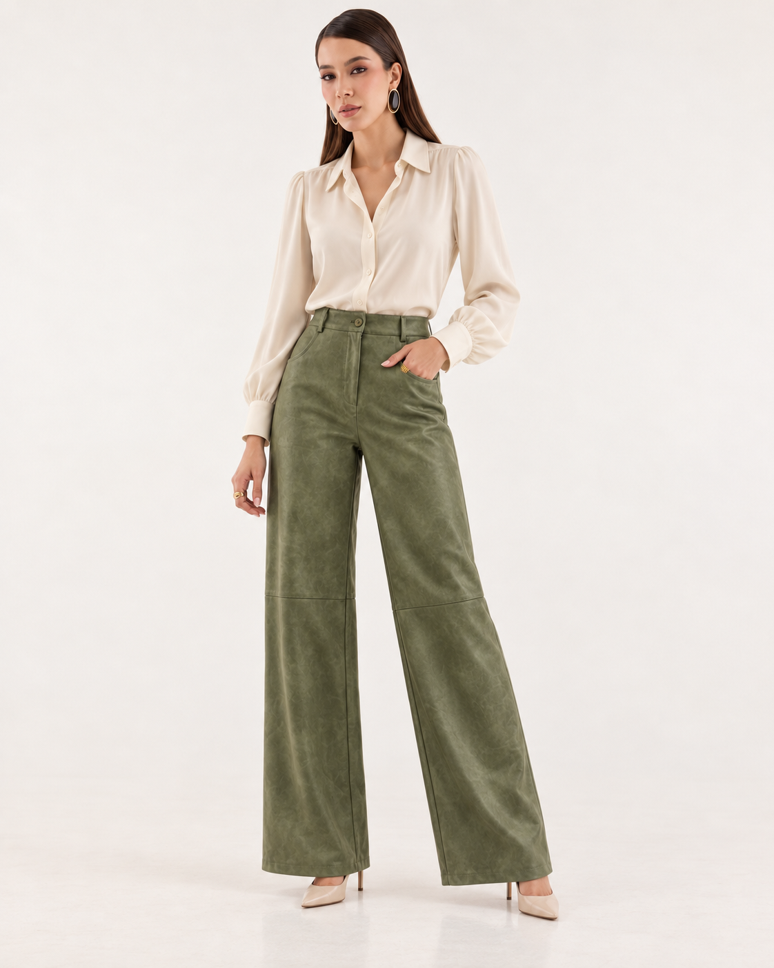 PANTALÓN PALAZZO DE VINIPIEL VERDE OLIVO