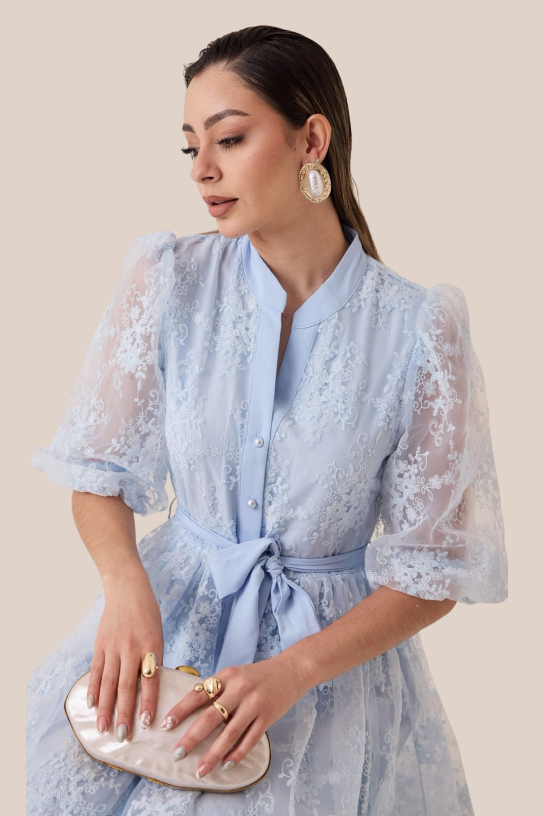 VESTIDO CELESTE ROMANCE ENCAJE