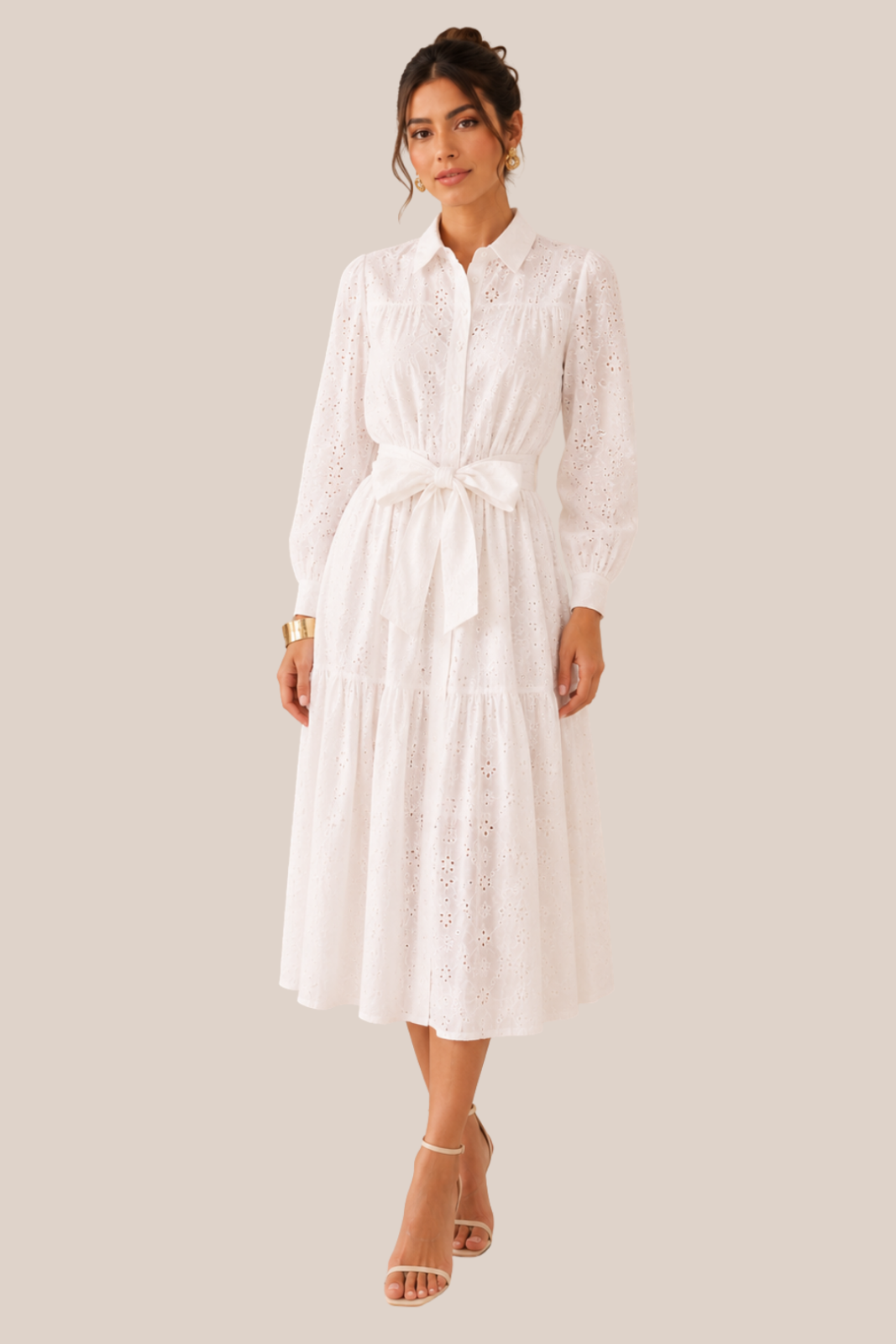 Vestido Blanco Cuello Solapa Bordado de Flores Manga Tres Cuartos