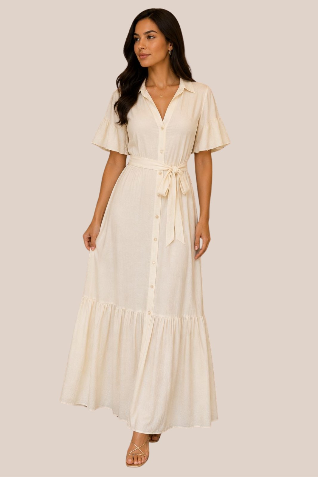 Vestido Beige Cuello Solapa con Cinto de Tela
