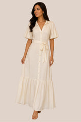 Vestido Beige Cuello Solapa con Cinto de Tela
