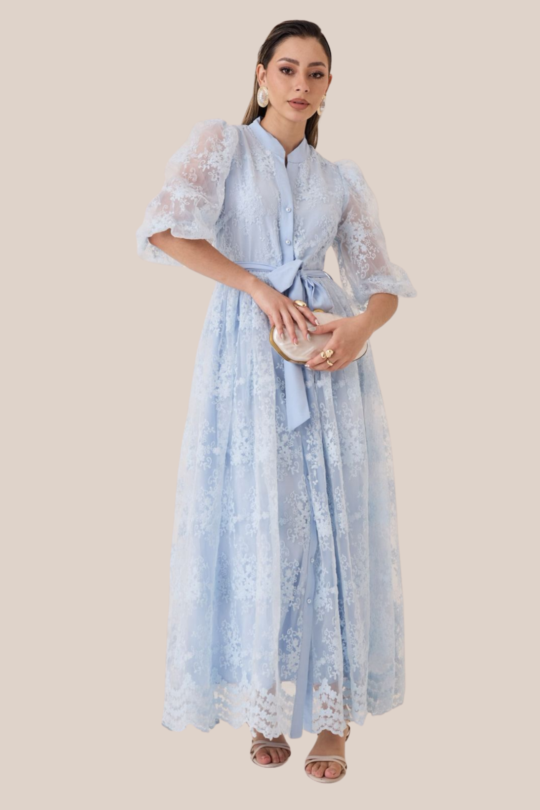 VESTIDO CELESTE ROMANCE ENCAJE