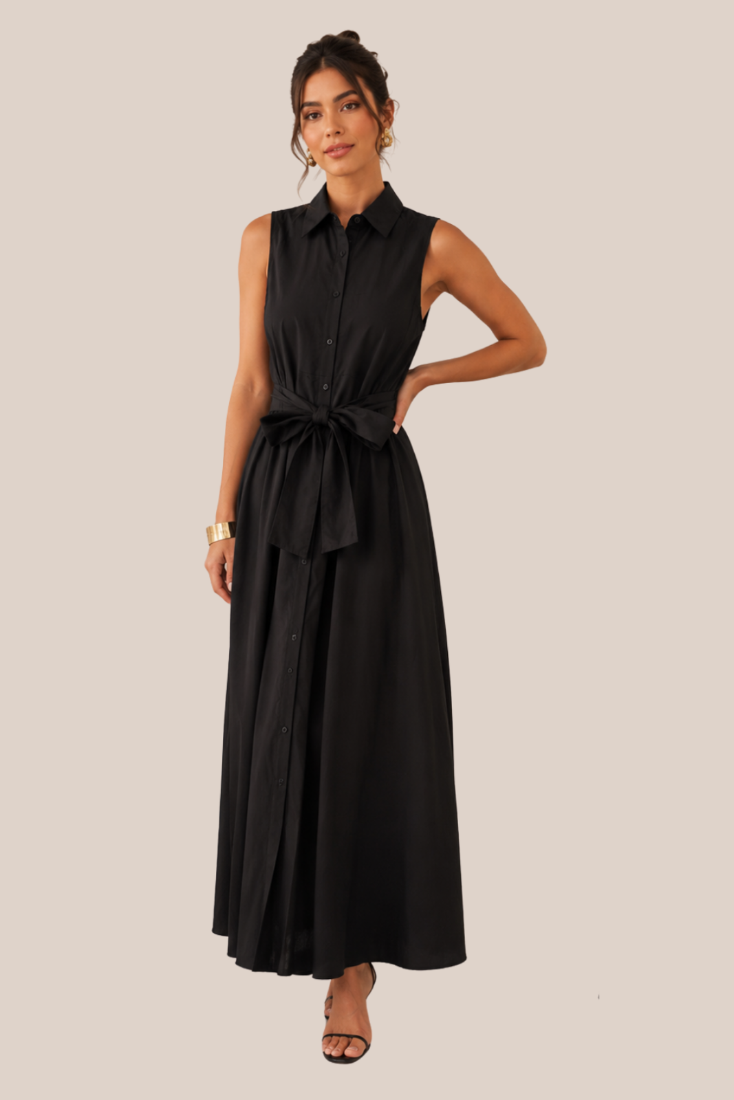 Vestido Negro Sin Mangas con Cuello de Solapas Clásico