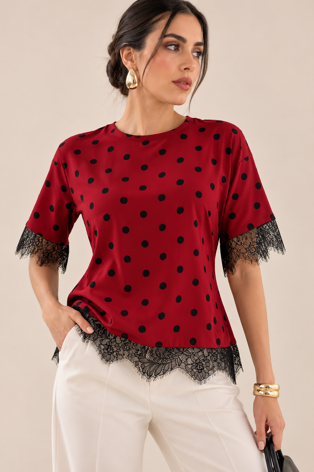BLUSA SATINADA LUNARES ROJO & NEGRO