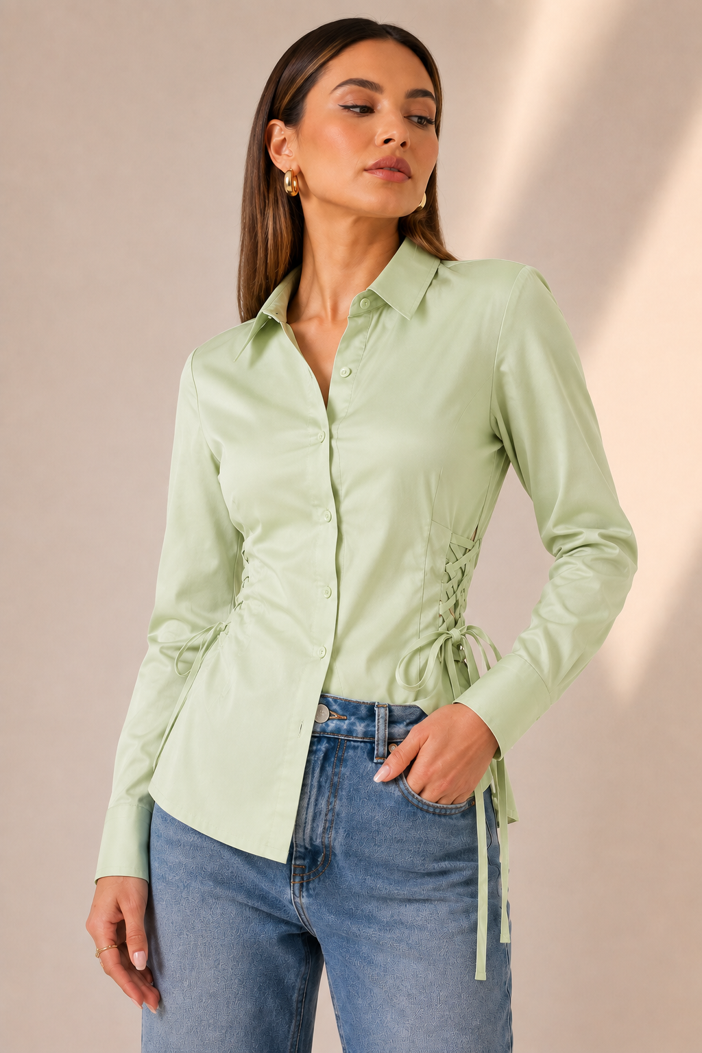 CAMISA LACE-UP SAGE