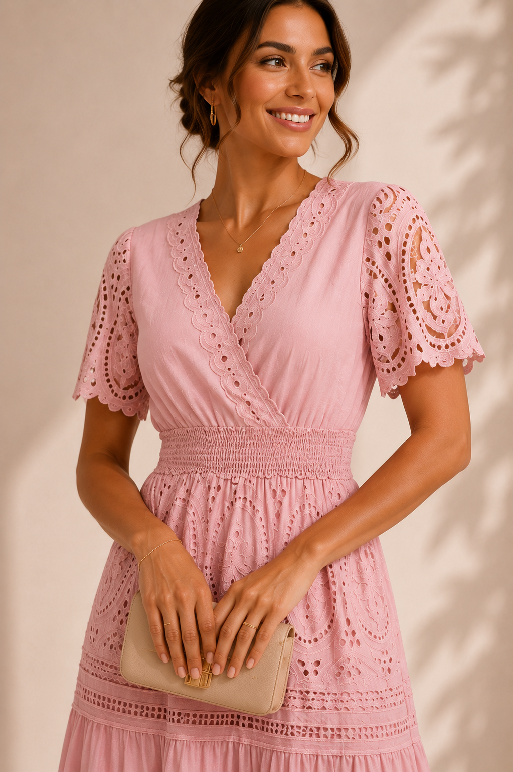 Vestido Rosa Largo Encaje Floral