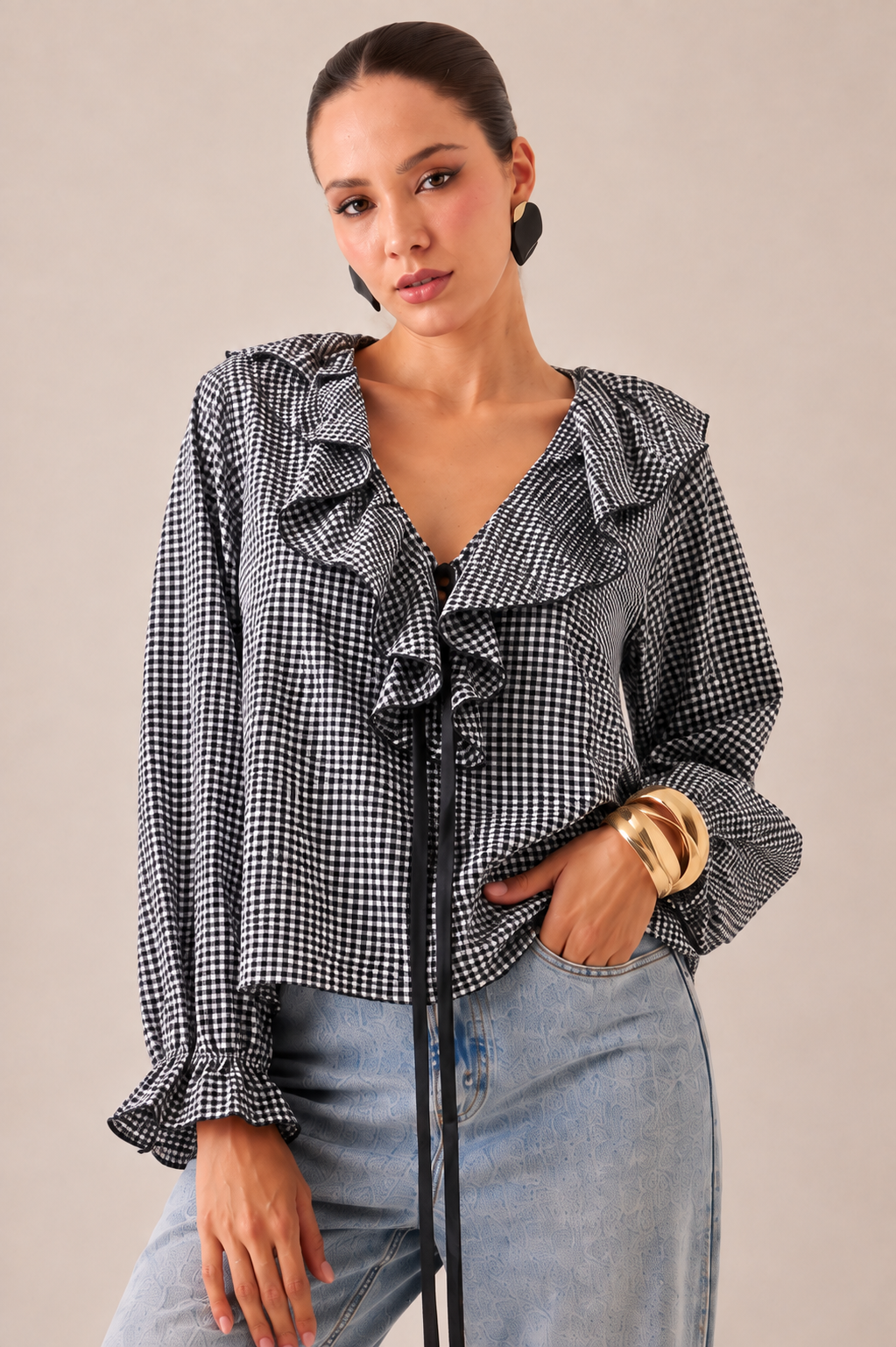 BLUSA VICHY NOIR RUFFLE